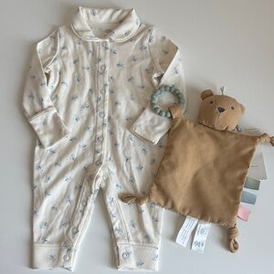 Sofia Grange, Amazon Essentials Cream Baby Onesie with Blue Accents| 0-3M